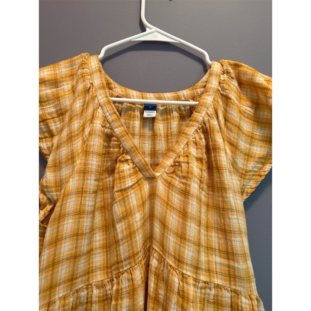 Old Navy Dress Womens Size M Yellow Plaid Flutter Sleeve V-Neck Tiered - Picture 2 of 10